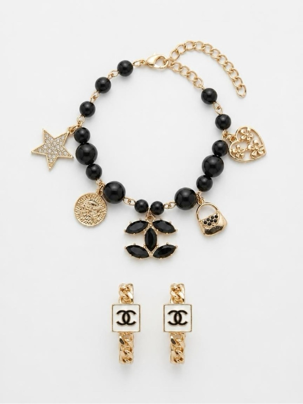Black Bead Charm Bracelet with Gold-Tone CC and CC Hoop Earrings Set